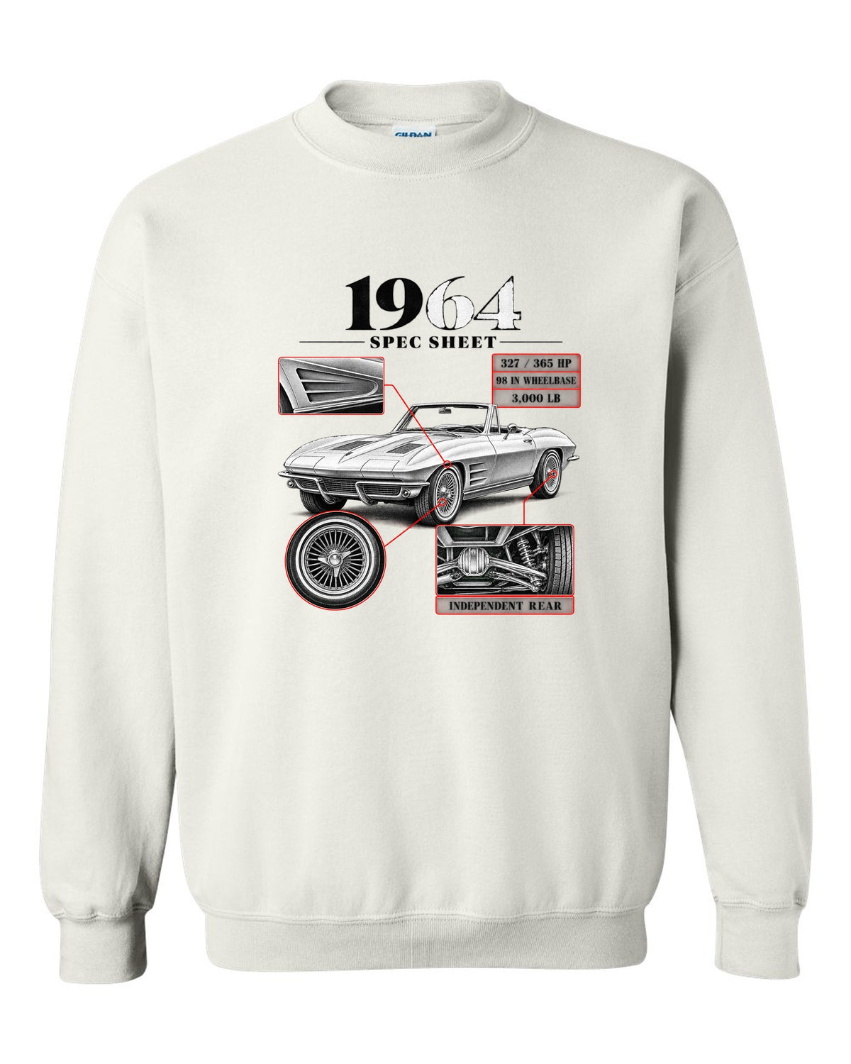 Chevrolet Corvette C2 Sting Ray 1964 convertible spec sheet print white crewneck front view with the design