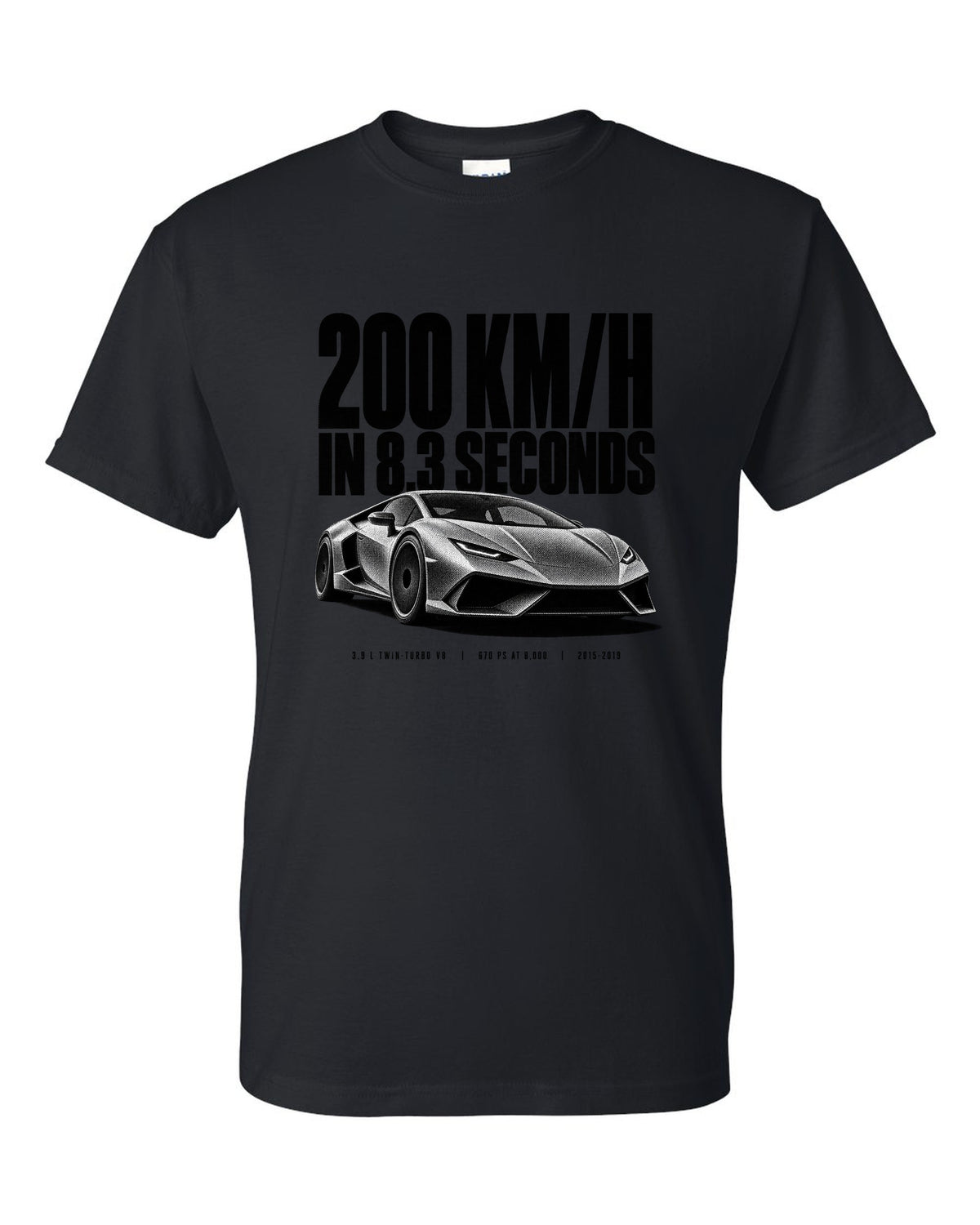 Halftone print of a Ferrari 488 GTB front three-quarter with the text 200 km/h in 8.3 seconds black t-shirt front view with the design