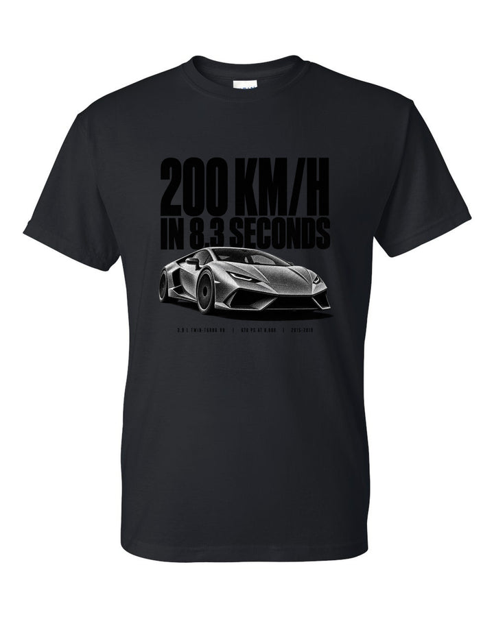 Halftone print of a Ferrari 488 GTB front three-quarter with the text 200 km/h in 8.3 seconds black t-shirt front view with the design