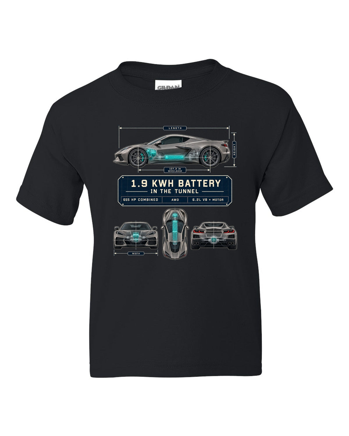 Dimension blueprint print of a Chevrolet Corvette C8 E-Ray with 1.9 kWh battery in the tunnel black kids tee front view with the design