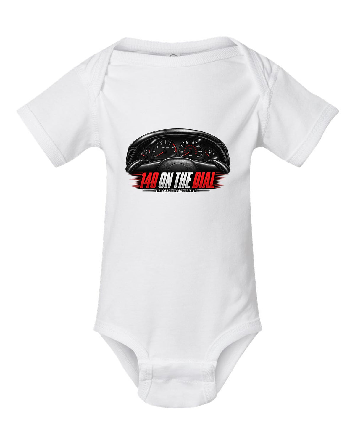 print of an SN95 Ford Mustang GT gauge cluster with 140 on the dial white baby onesie front view with the design