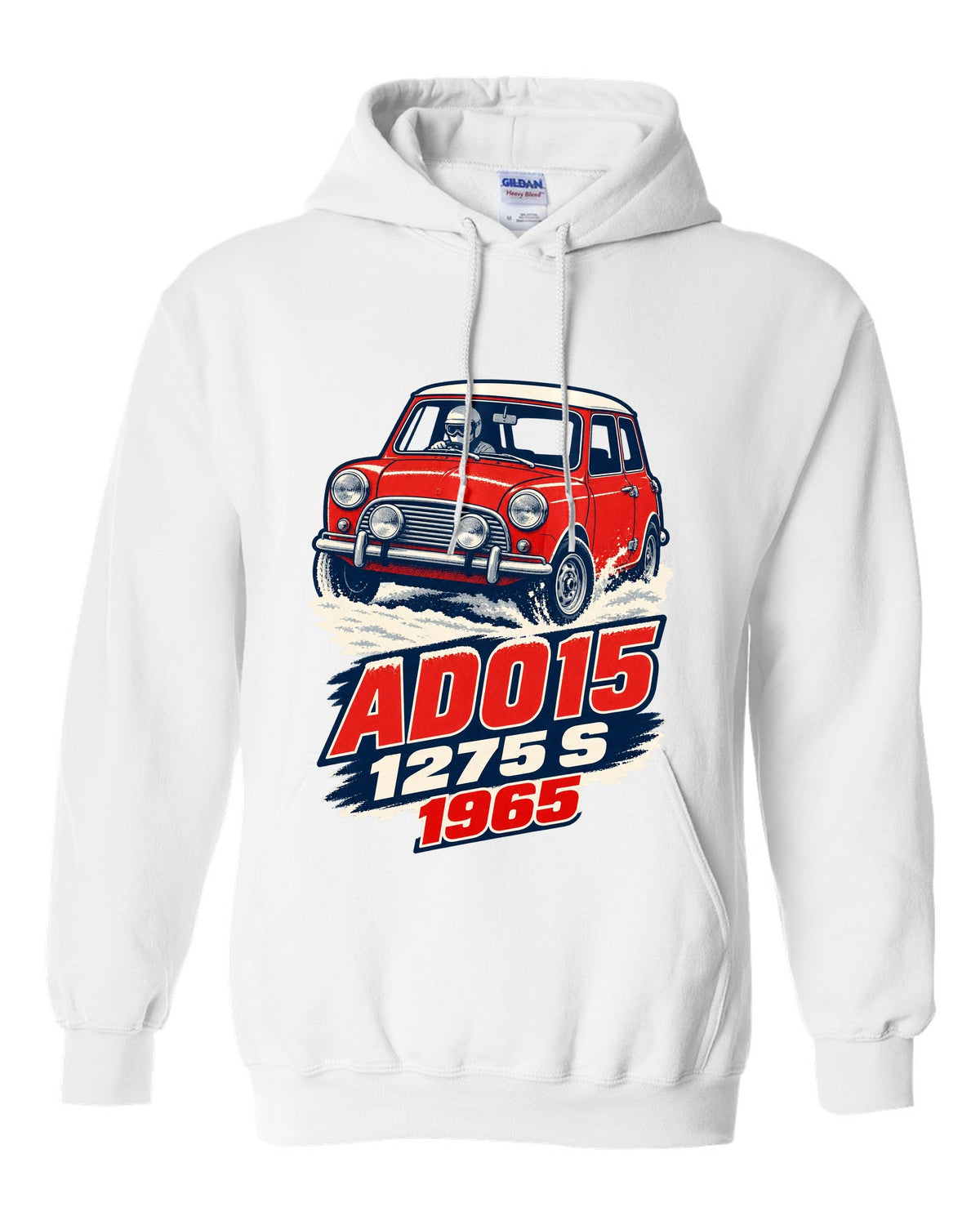 1965 Mini Cooper S ADO15 rally car in a 1960s litho poster style white pull over hoodie front view with the design