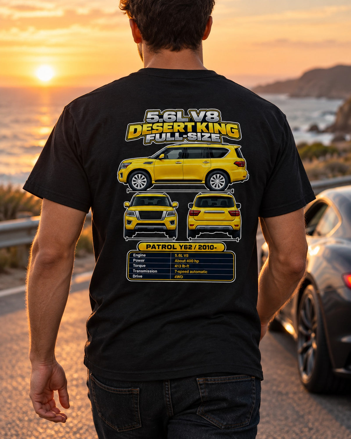 Nissan Patrol Y62 Spec Sheet Full-Back Graphic Tee T-Shirt Black worn hero