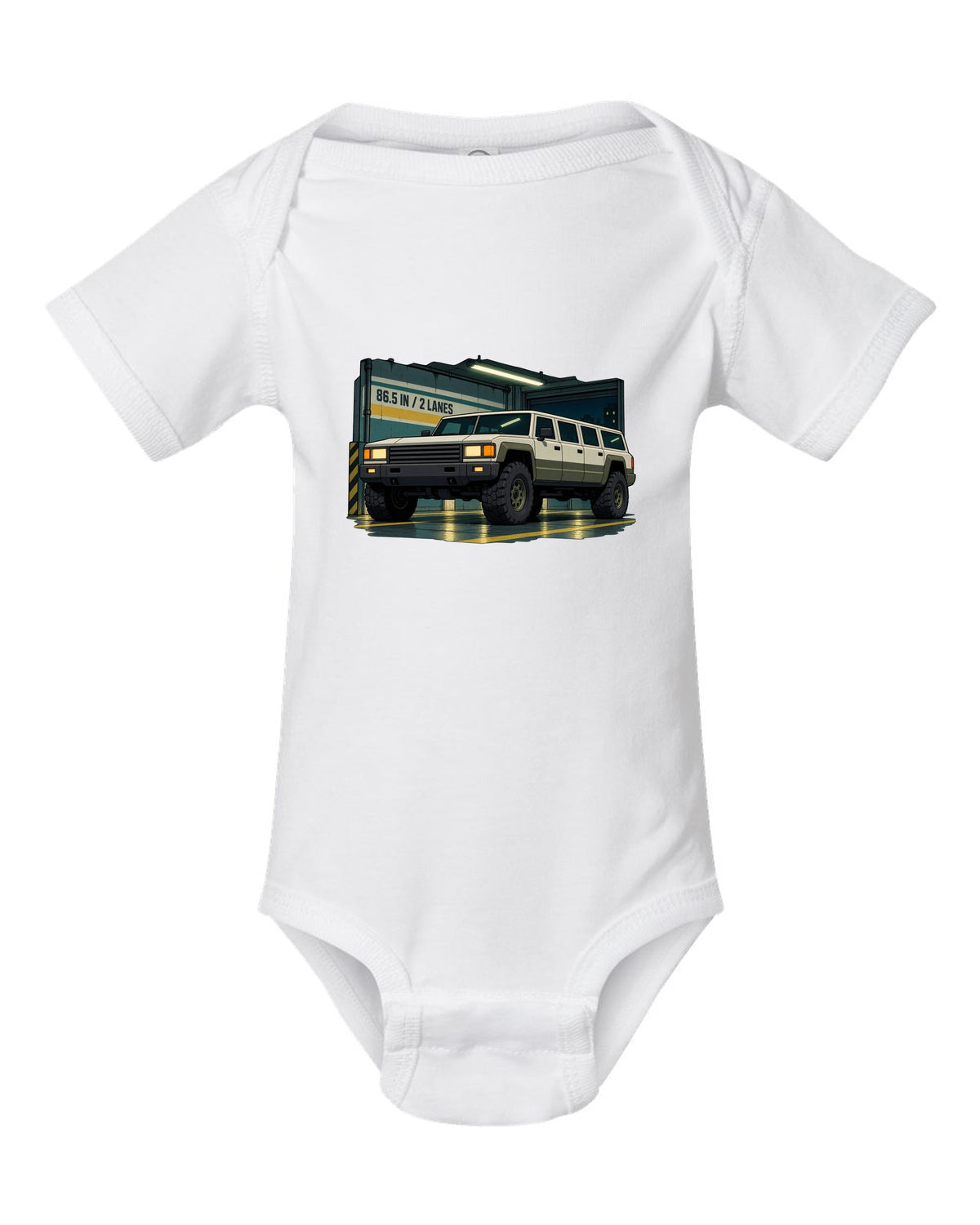 Cel-shaded 90s anime style Hummer H1 in a garage with 86.5 IN and 2 LANES text white baby onesie front view with the design