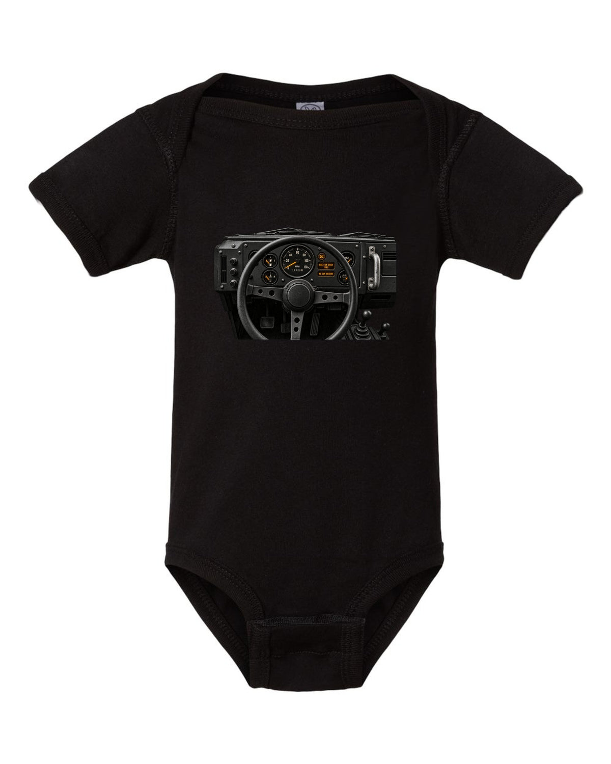 Land Rover Defender 110 cockpit gauge print with bolt-on dash text black baby onesie front view with the design