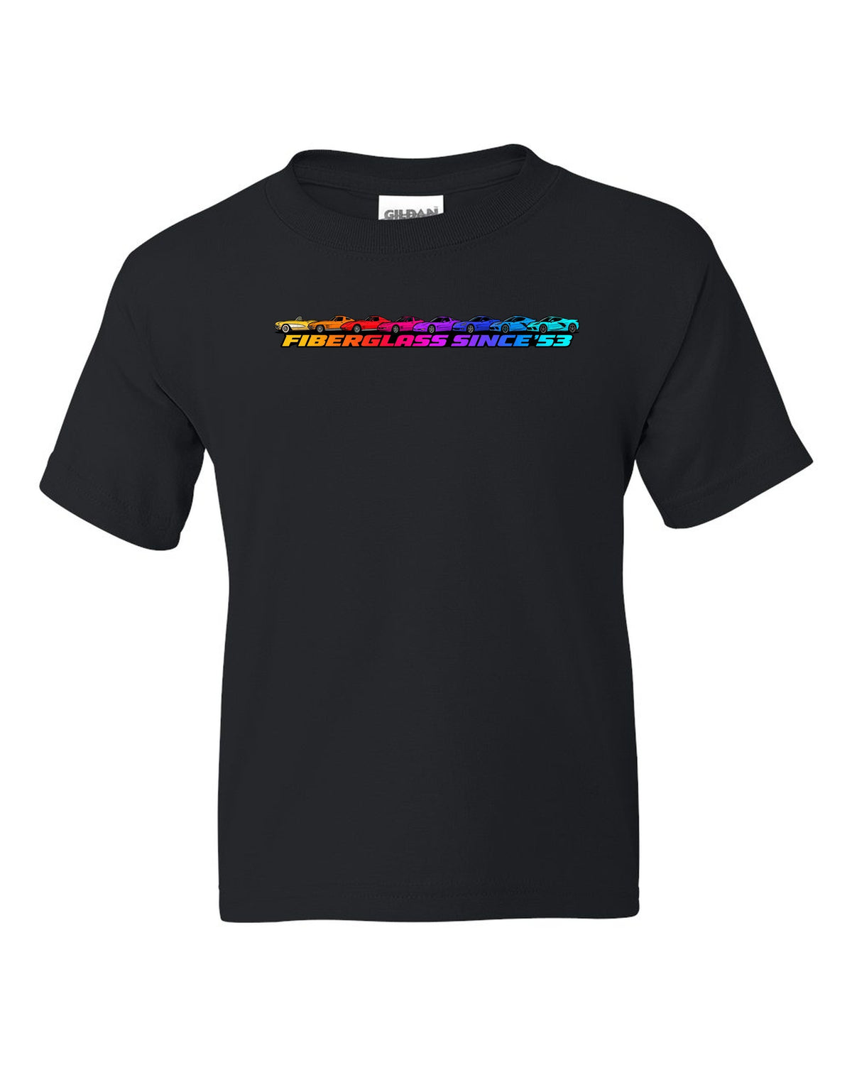 Flat gradient silhouette lineup of eight Chevrolet Corvette generations C1 to C8 with Fiberglass Since '53 text black kids tee front view with the design