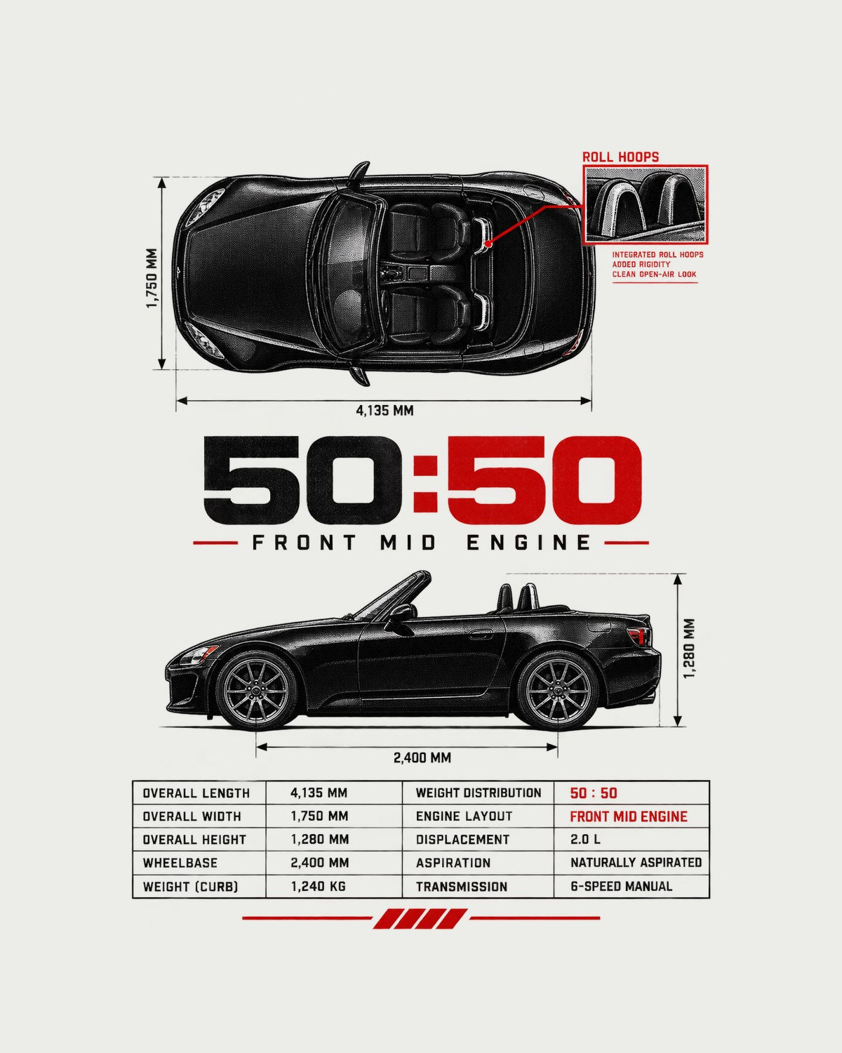 Honda S2000 AP2 50:50 Front Mid Engine Spec Poster Shirt design only