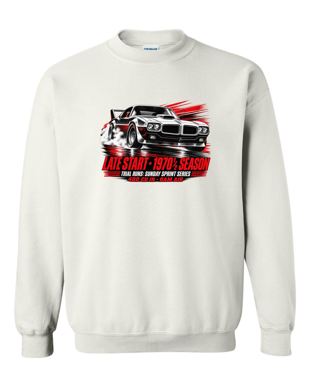 1970 1/2 Pontiac Firebird Trans Am race poster print with Ram Air text white crewneck front view with the design