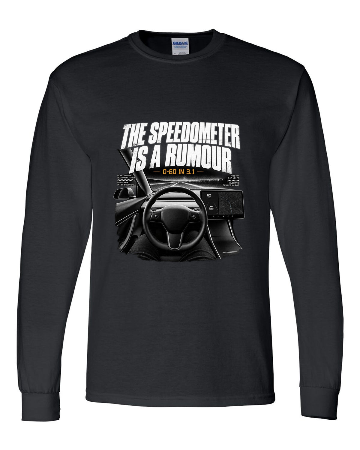 Tesla Model 3 landscape screen interior graphic with the line the speedometer is a rumour, 0-60 in 3.1 black long sleeve front view with the design