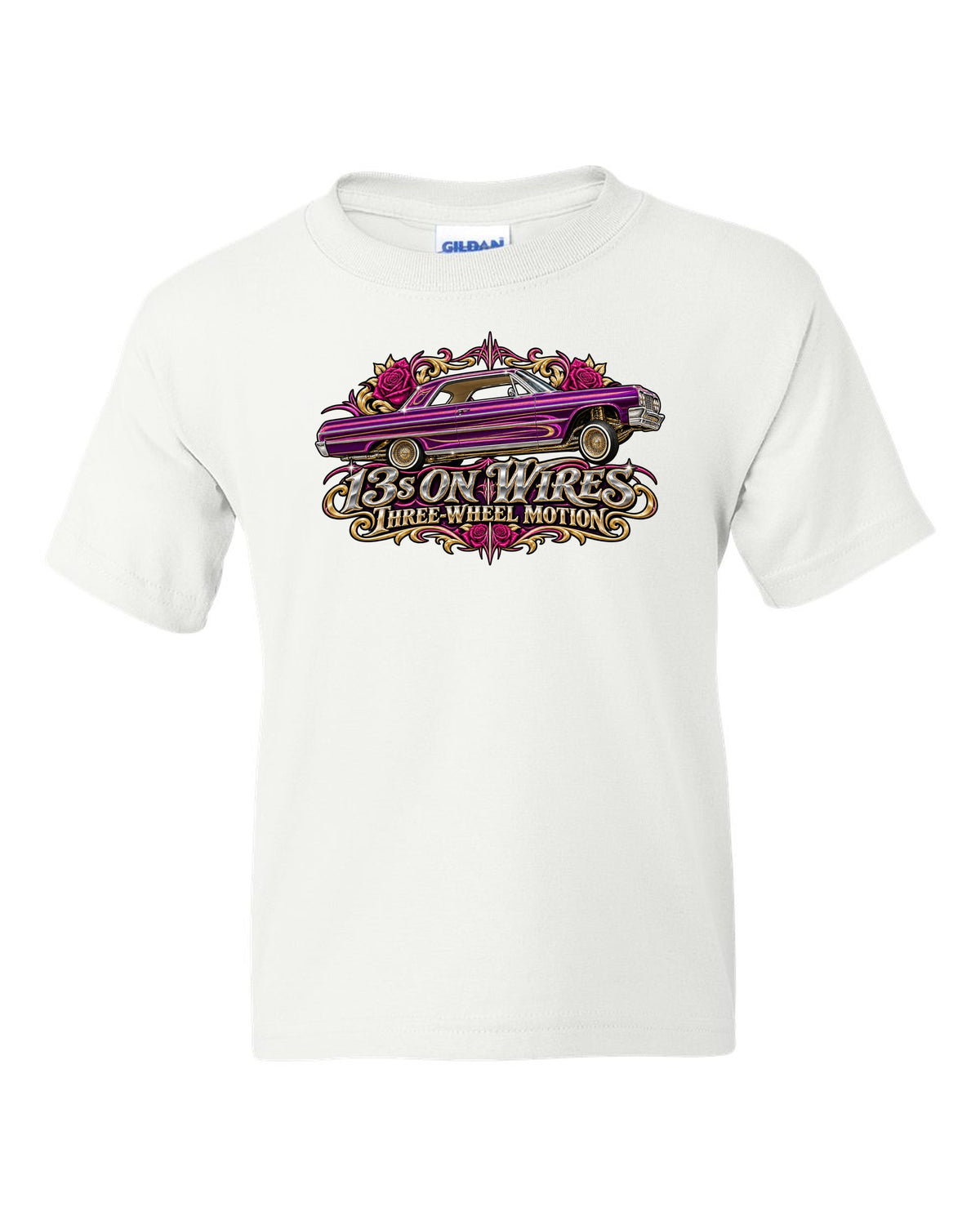 1964 Chevrolet Impala SS lowrider in airbrush style with text 13s on Wires Three-Wheel Motion white kids tee front view with the design