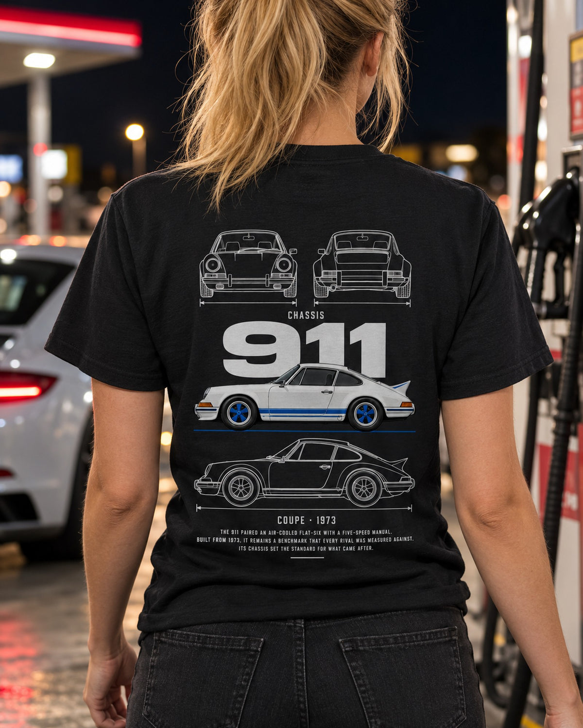 Porsche 911 Carrera RS 2.7 Blueprint Full-Back Graphic Tee, 911 Chassis Code T-Shirt Black worn hero