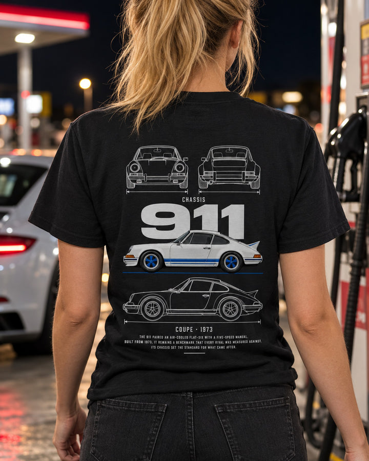 Porsche 911 Carrera RS 2.7 Blueprint Full-Back Graphic Tee, 911 Chassis Code T-Shirt Black worn hero
