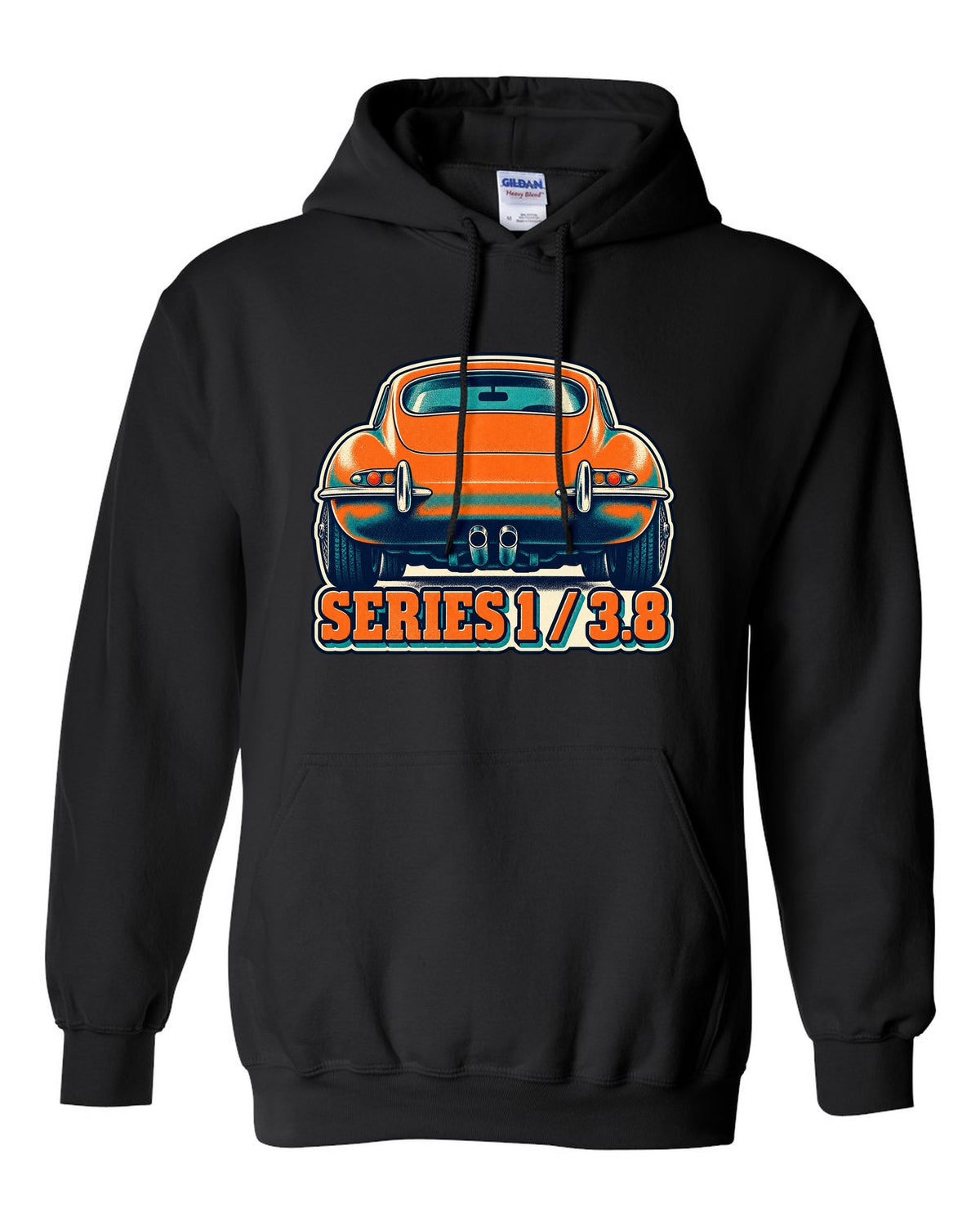 Risograph-style print of a Jaguar E-Type Series 1 taillight with Series 1 and 3.8 lettering black pull over hoodie front view with the design