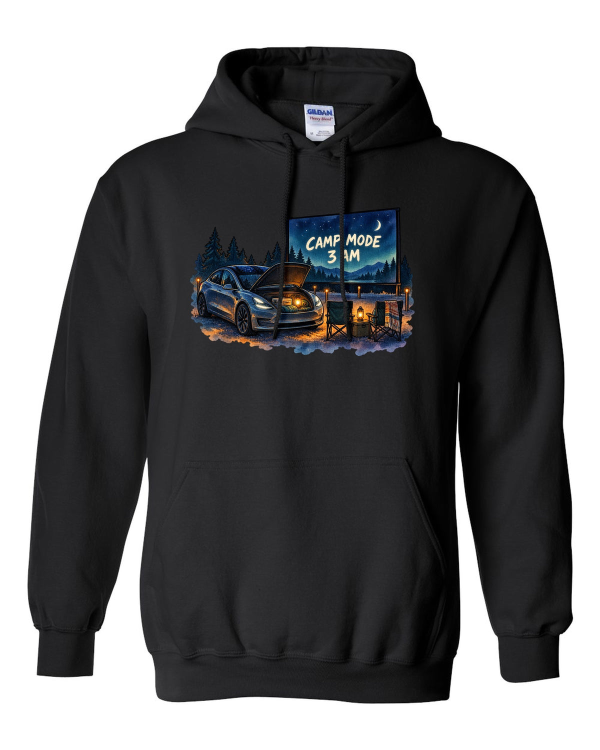 Watercolor wash print of a Tesla Model 3 with the words Camp Mode 3 AM black pull over hoodie front view with the design