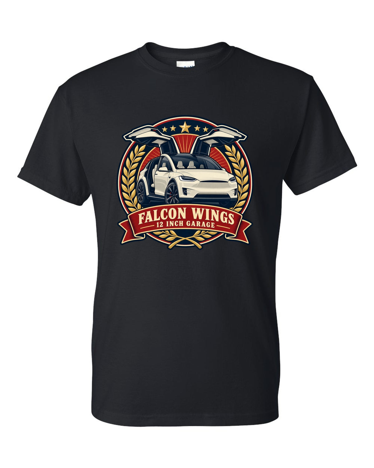 Vintage badge illustration print of a Tesla Model X with falcon wing doors reading Falcon Wings 12 Inch Garage black t-shirt front view with the design