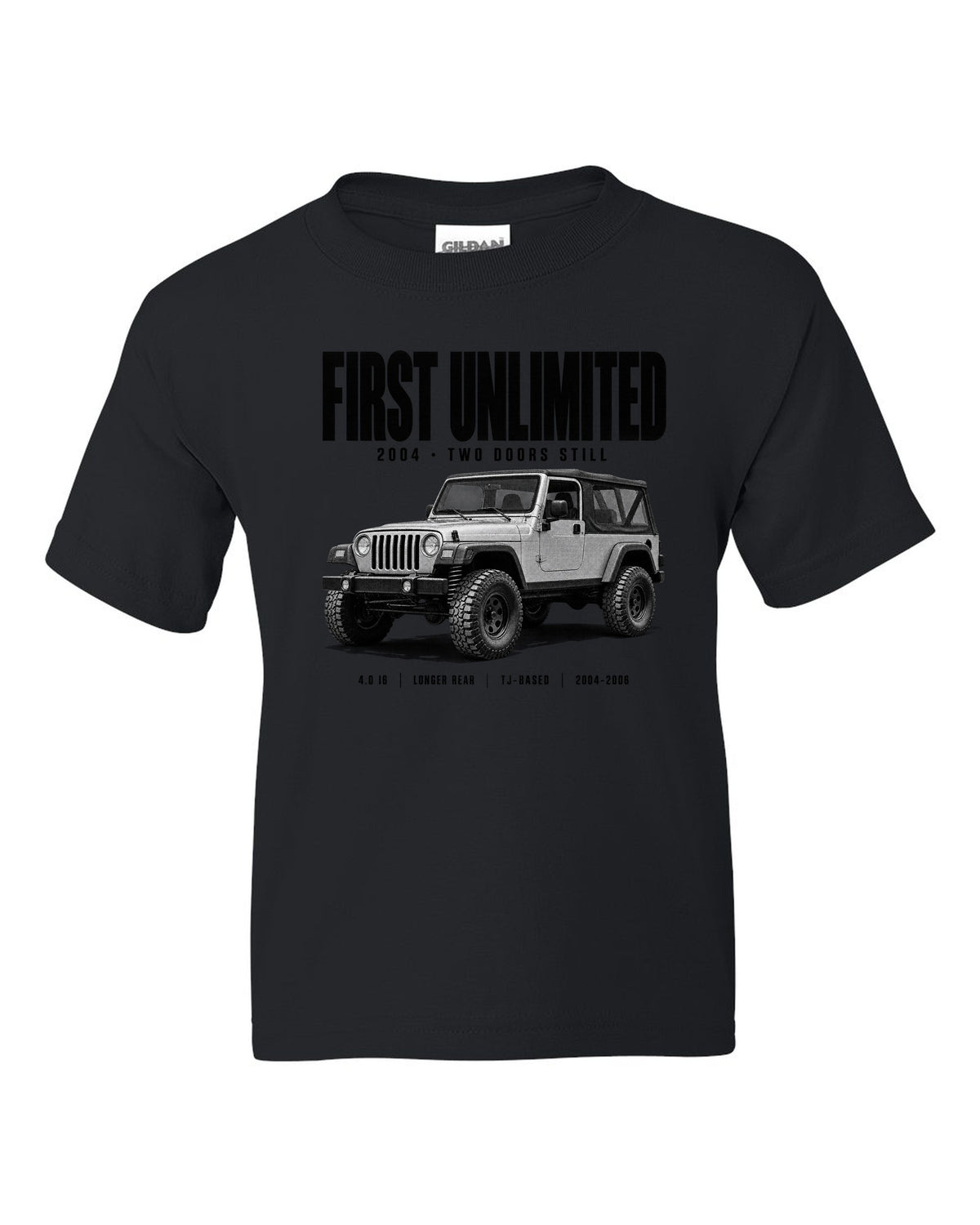 Halftone print for the Jeep Wrangler LJ Unlimited, First Unlimited 2004 black kids tee front view with the design