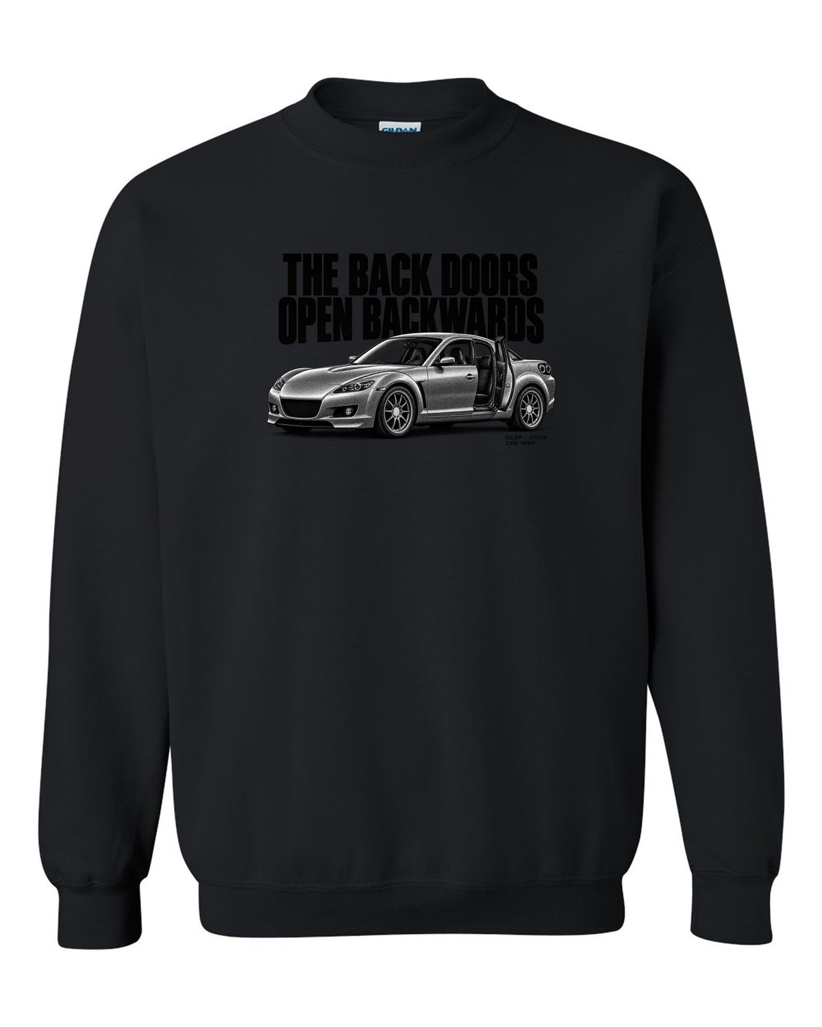 Halftone print of a Mazda RX-8 SE3P with back doors lettering black crewneck front view with the design