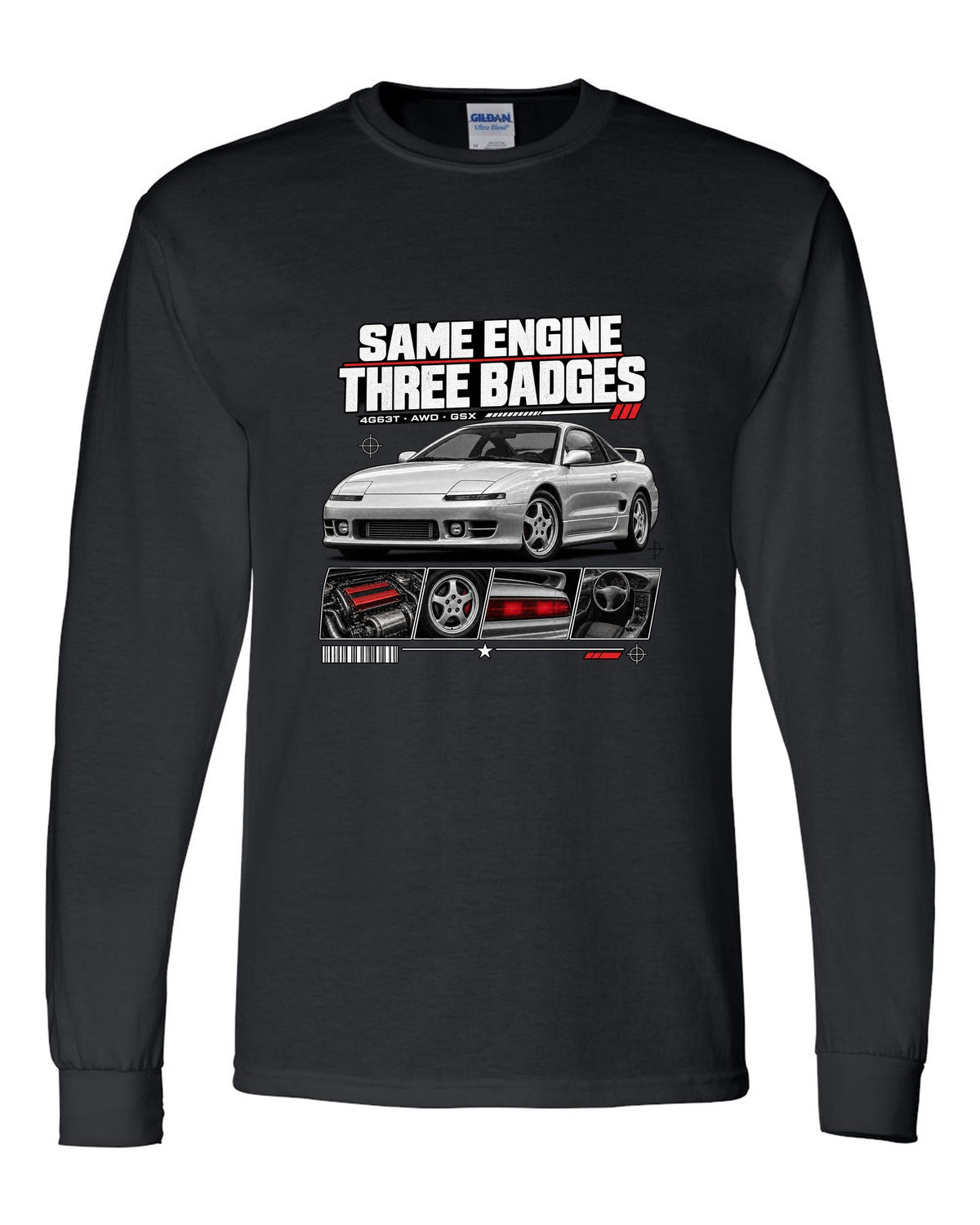 Mitsubishi Eclipse GSX 2G dossier panels with same engine three badges 4G63T text black long sleeve front view with the design