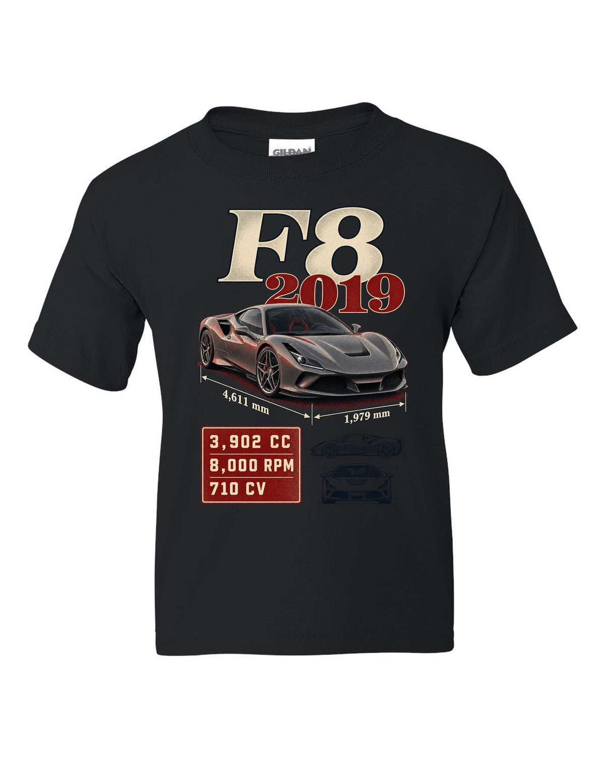 Ferrari F8 Tributo archive panel print listing 3,902 cc, 8,000 rpm, 710 CV black kids tee front view with the design