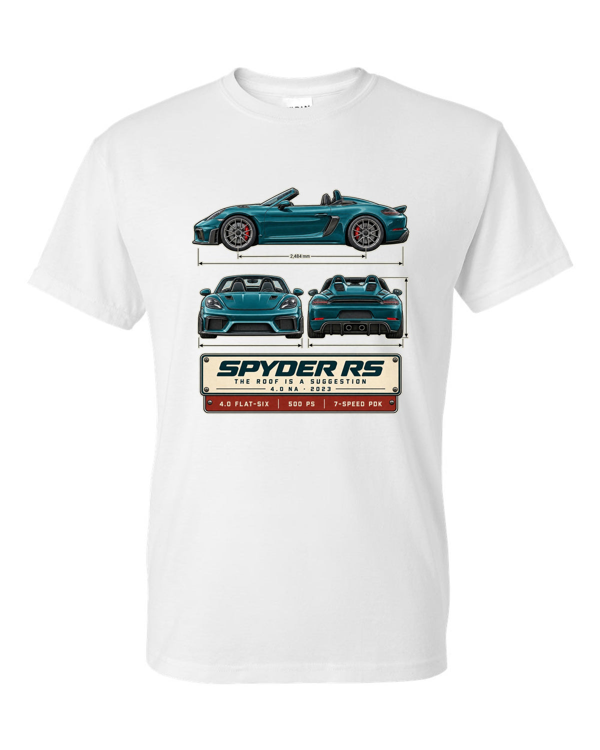 Three-view spec print of a Porsche 718 Spyder RS 982 white t-shirt front view with the design