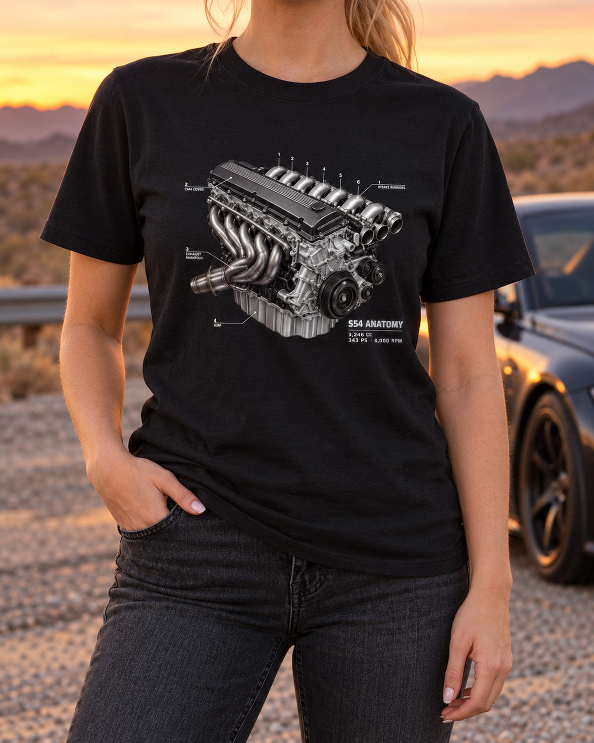 BMW E46 M3 S54 Engine Anatomy Shirt, 343 PS 8,000 RPM T-Shirt Black worn hero