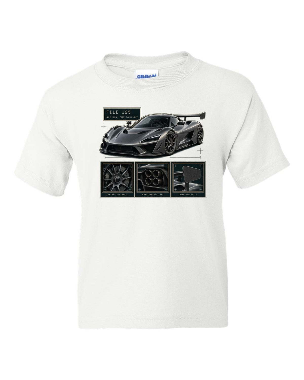 Dossier panel layout of the Koenigsegg Jesko Attack with detail panels, print white kids tee front view with the design
