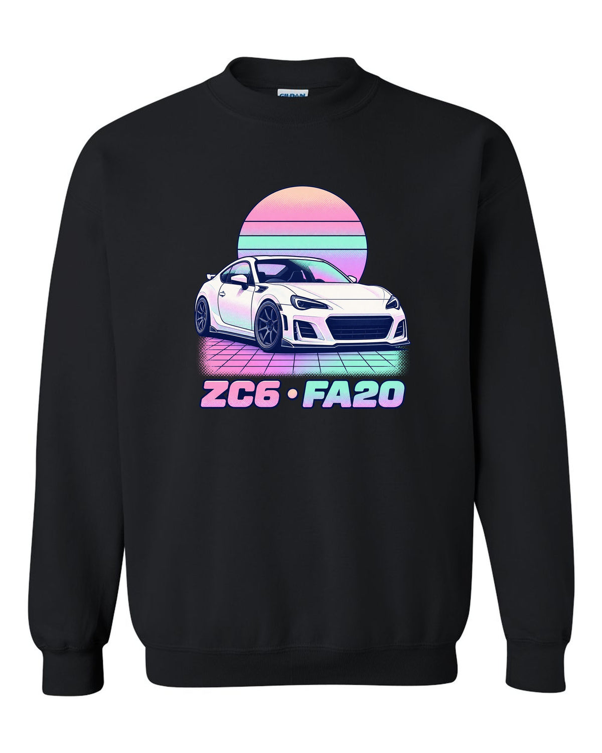 Subaru BRZ ZD8 round varsity crest print, ZD8 / FA24 / 2022 black crewneck front view with the design