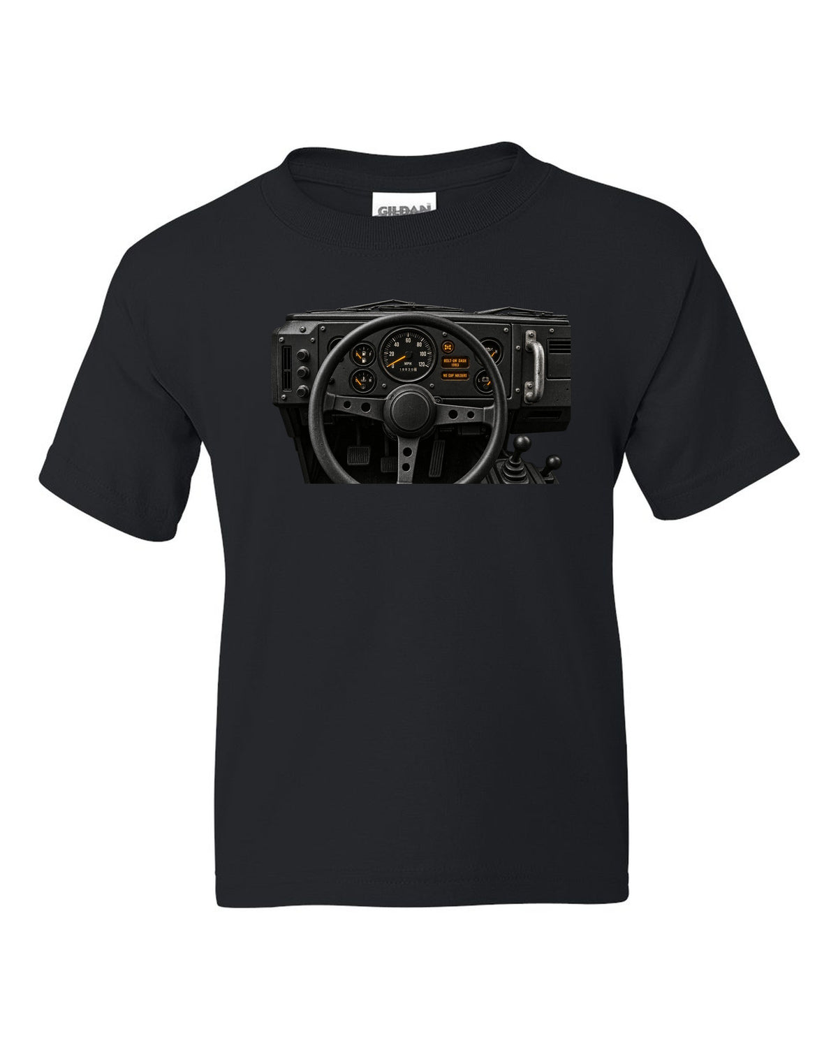 Land Rover Defender 110 cockpit gauge print with bolt-on dash text black kids tee front view with the design