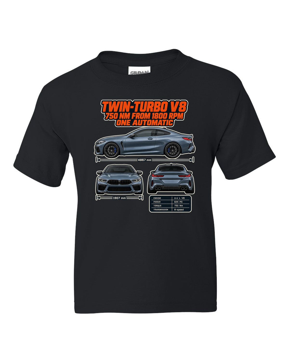 BMW M8 Competition Coupe F92 three-view and spec table print on a tee black kids tee front view with the design