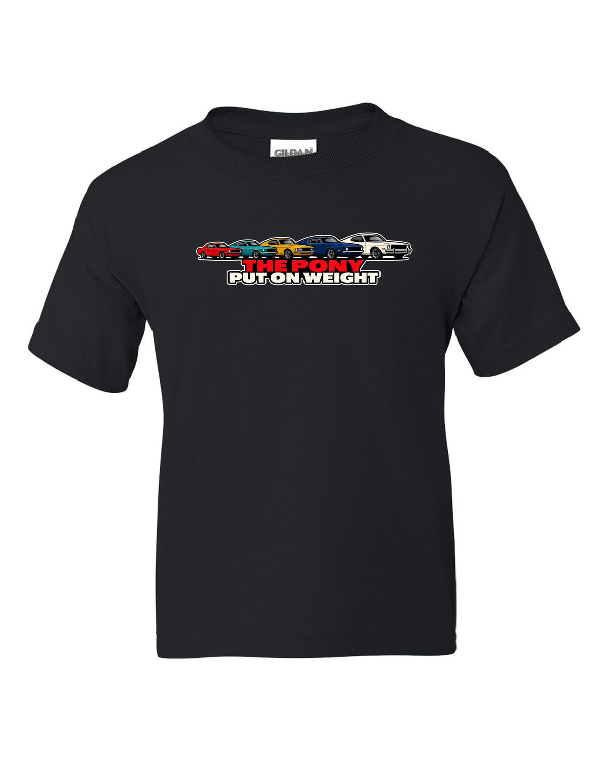 Generation evolution lineup print of five first-generation Ford Mustangs 1965-73 black kids tee front view with the design