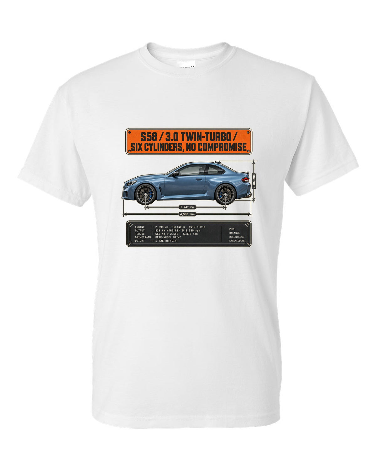 BMW M2 G87 dimension blueprint print with S58 3.0 twin-turbo text white t-shirt front view with the design