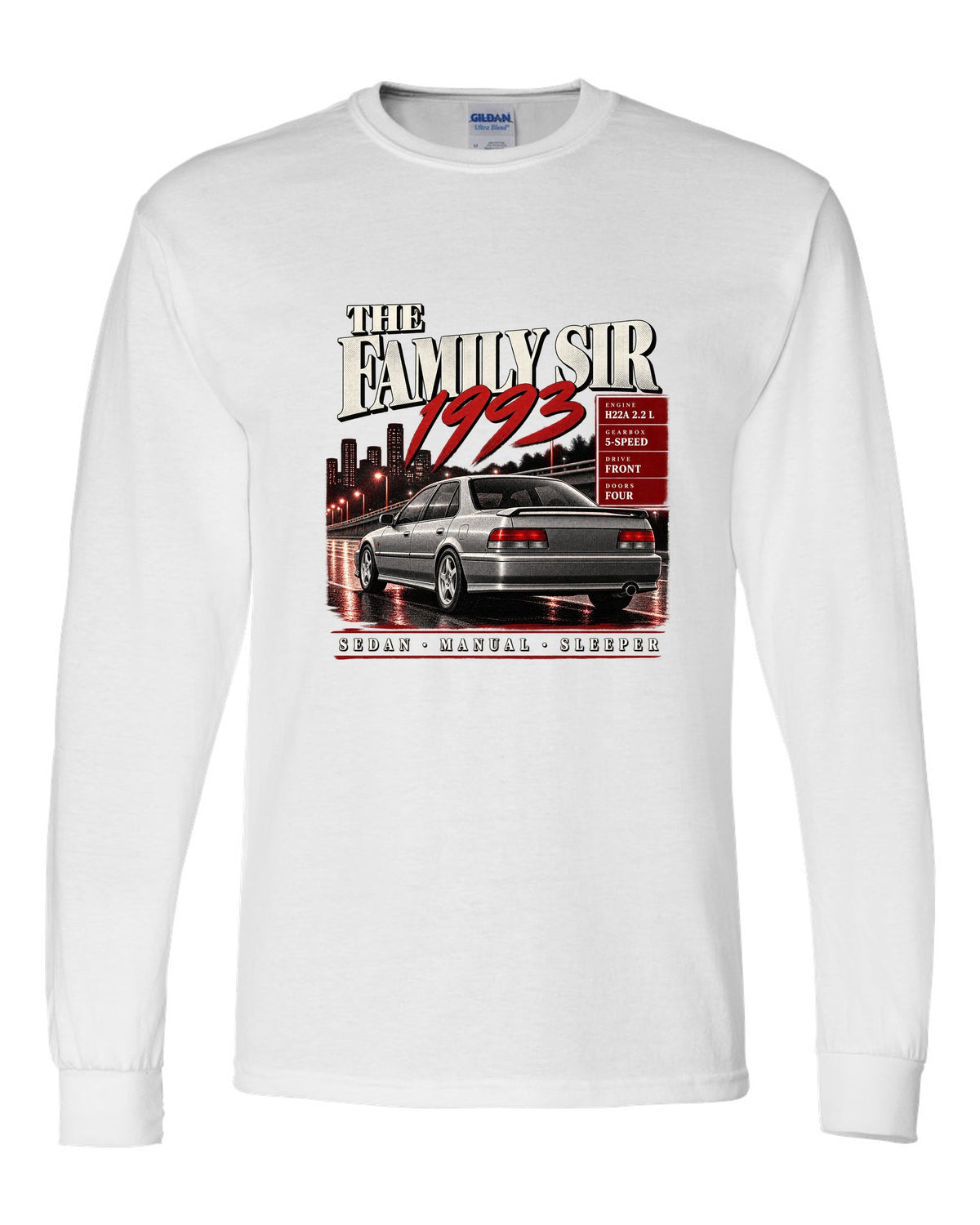 Archive panel print for the Honda Accord CD6 SiR sedan reading The Family Sir 1993 white long sleeve front view with the design