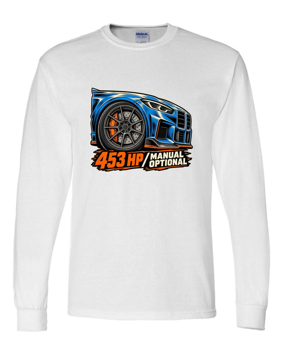 Embroidery-style shield crest print of a BMW M2 F87 with chargepipe fund text white long sleeve front view with the design