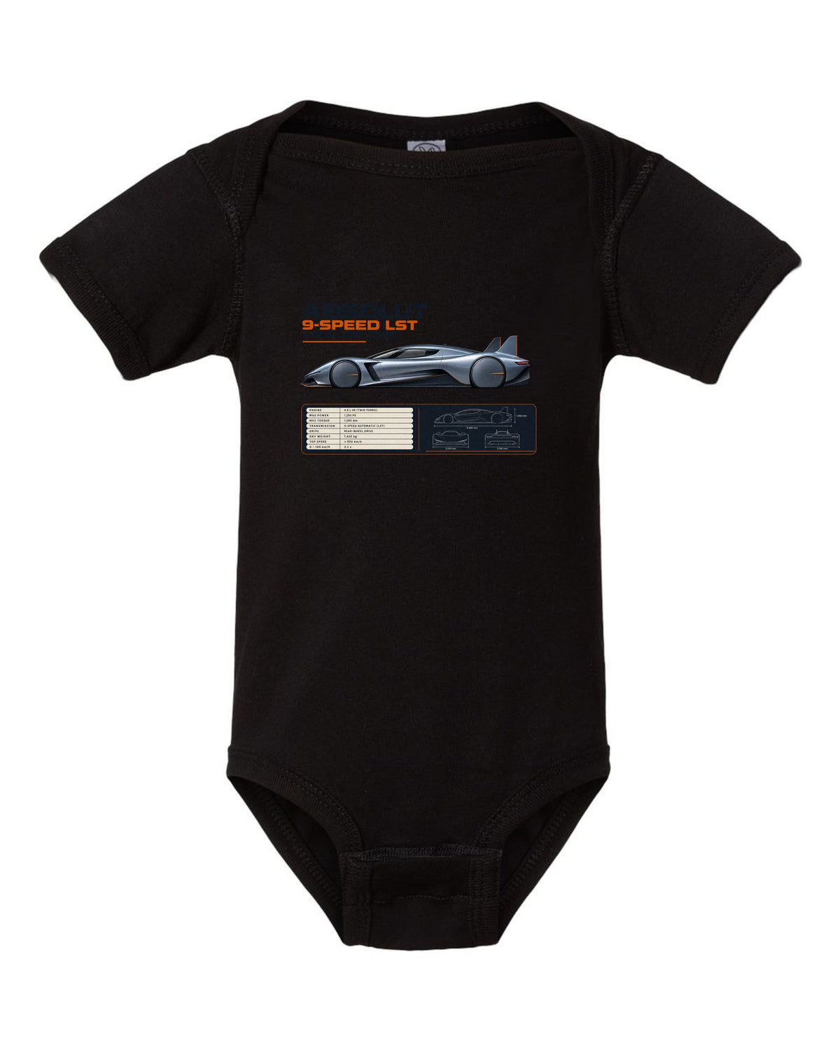 Koenigsegg Jesko Absolut Side Profile Spec Poster black baby onesie front view with the design