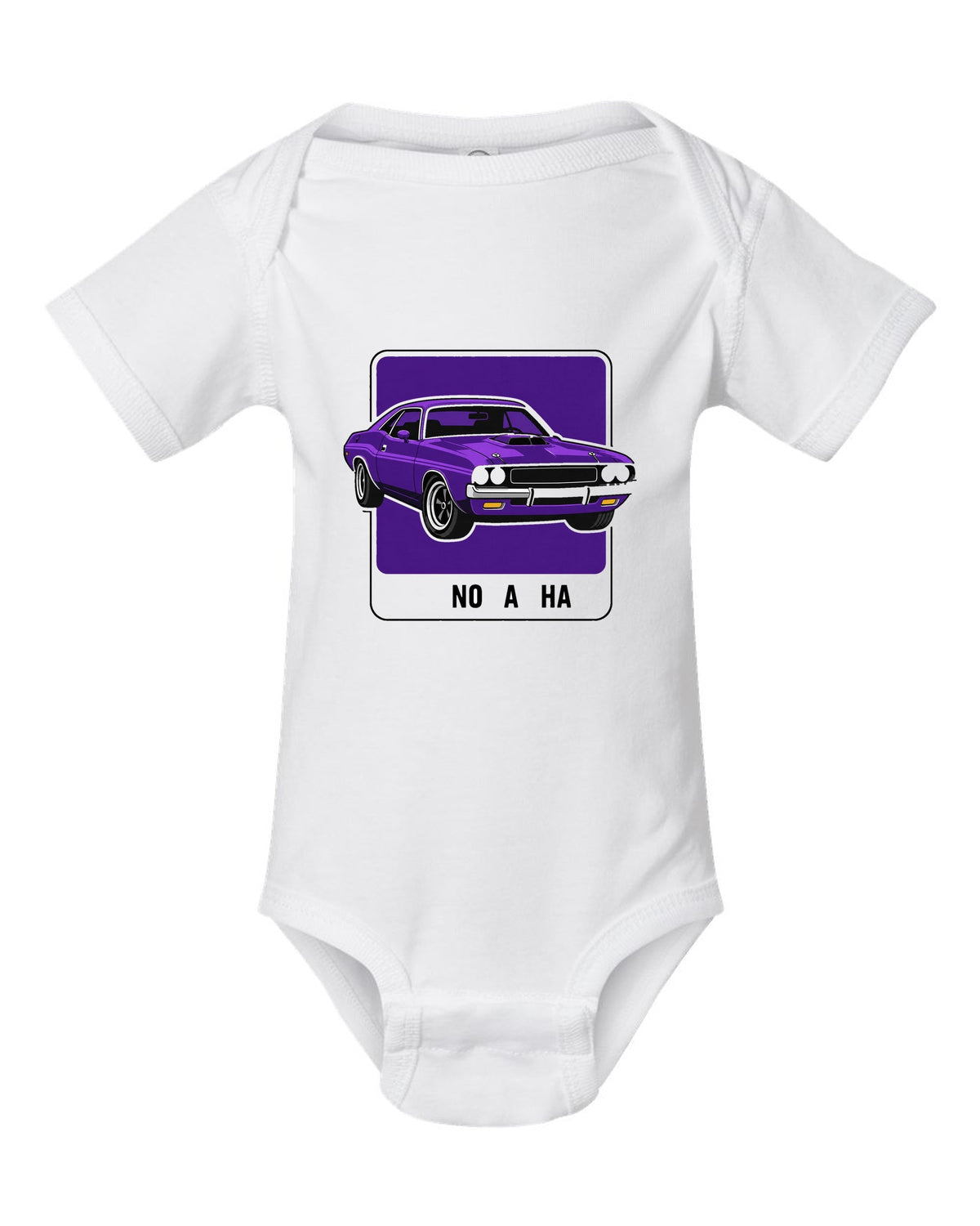 Minimal colour swatch card in Plum Crazy for a 1970 Dodge Challenger R/T with code FC7 white baby onesie front view with the design
