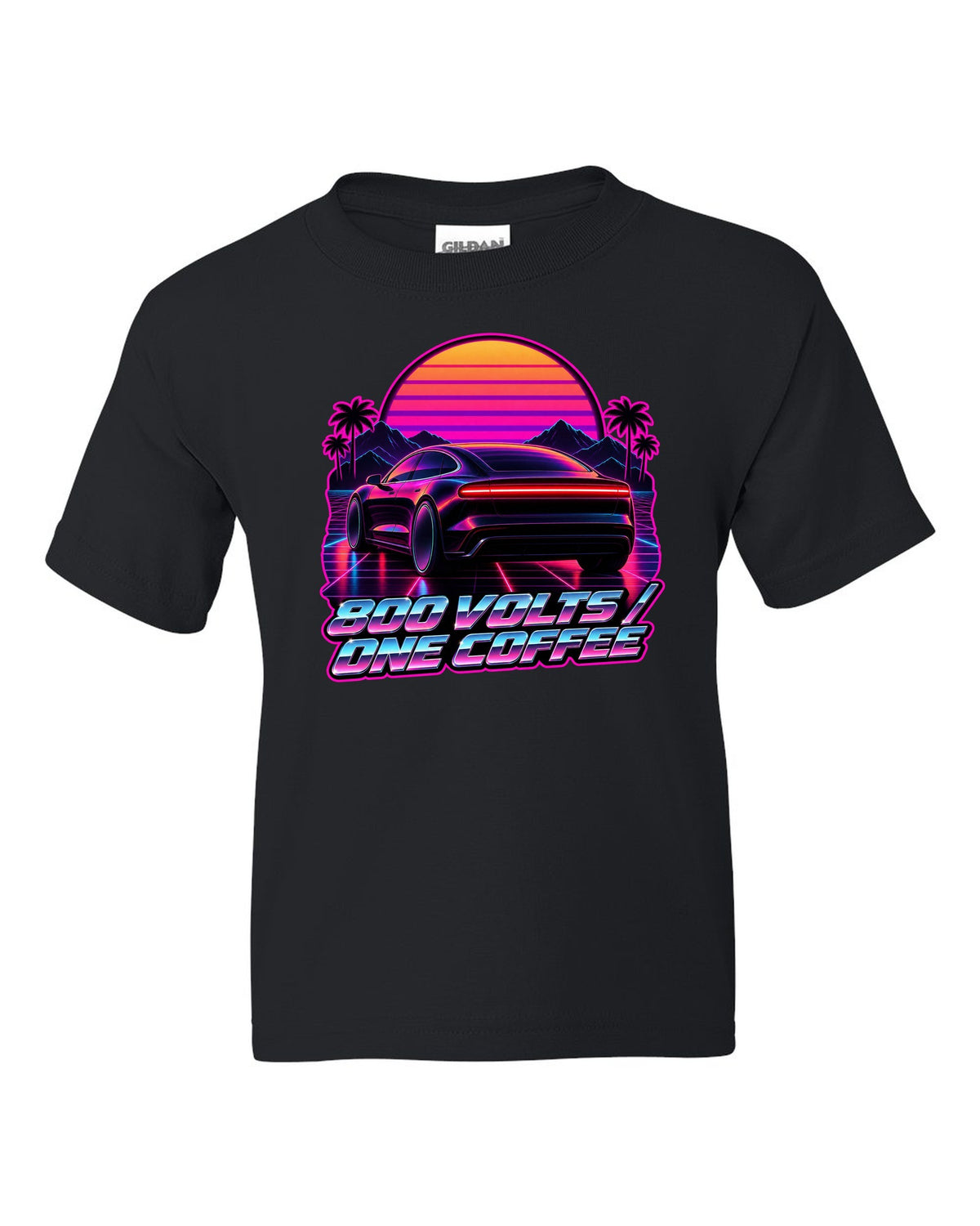 Porsche Taycan Turbo S 9J1 synthwave outrun light bar print with the text 800 volts one coffee black kids tee front view with the design