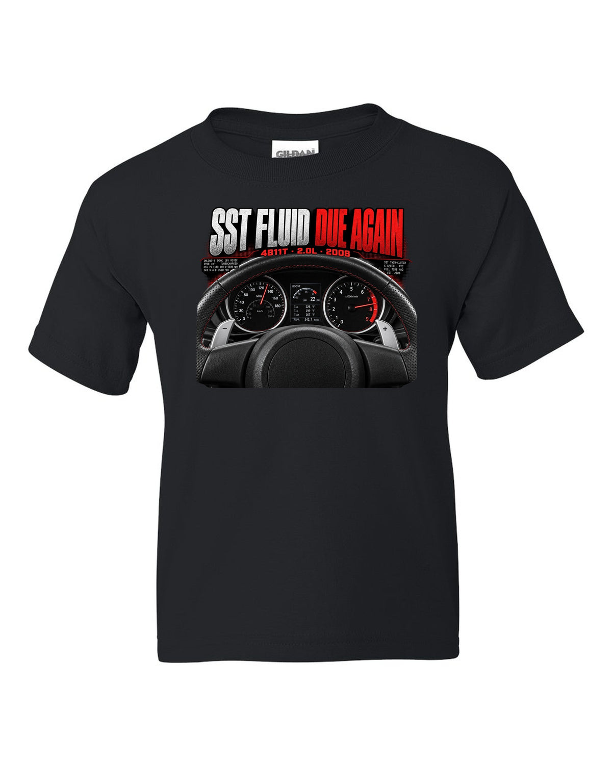 Mitsubishi Lancer Evolution X cockpit gauge print with SST fluid reminder text black kids tee front view with the design