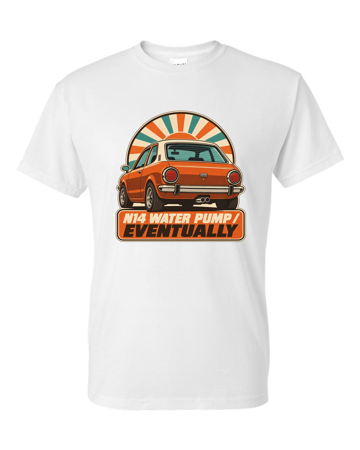 1970s catalogue-style ad of a Mini Cooper S R56 with N14 water pump text white t-shirt front view with the design