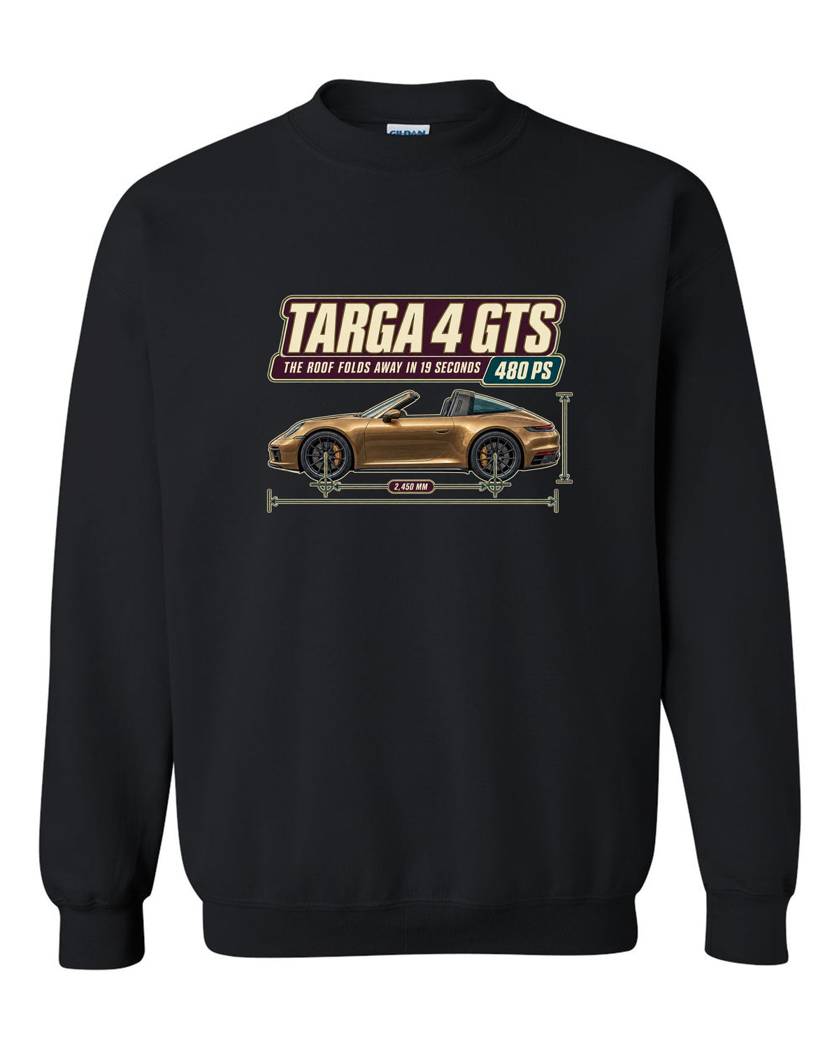 Editorial headline print of a Porsche 911 Targa 4 GTS 992 black crewneck front view with the design