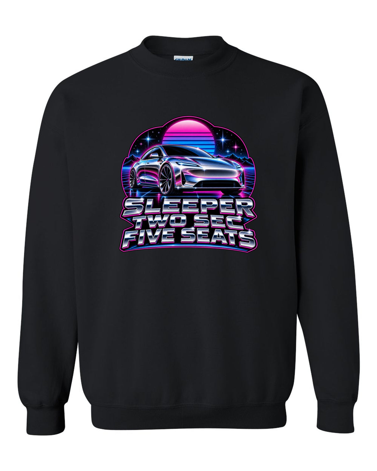 80s chrome airbrush art of a 2021 Tesla Model S Plaid with the words Sleeper Two Sec Five Seats black crewneck front view with the design