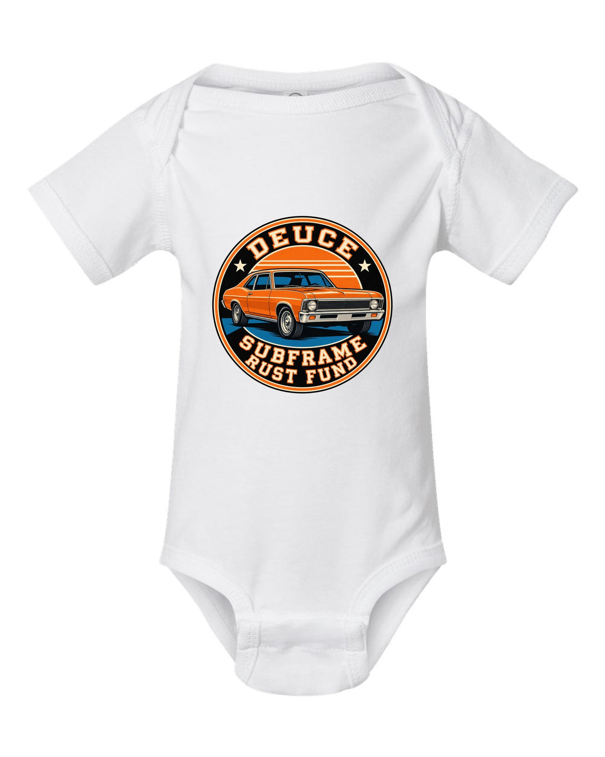 1968 Nova X-body in a round varsity crest with text Deuce Subframe Rust Fund white baby onesie front view with the design