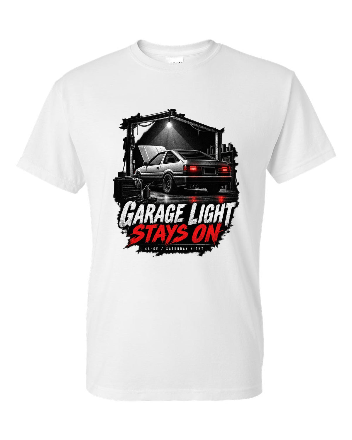 Garage night print of a Toyota AE86 Sprinter Trueno with 4A-GE lettering white t-shirt front view with the design