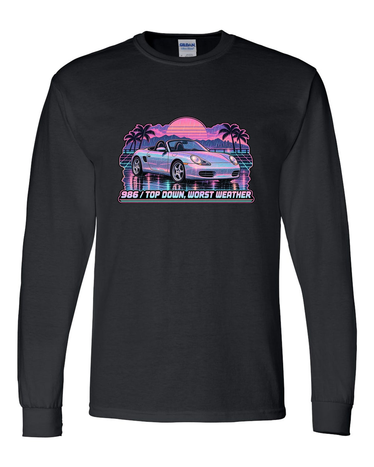 Lo-fi vaporwave Porsche Boxster 986 with the roof down black long sleeve front view with the design