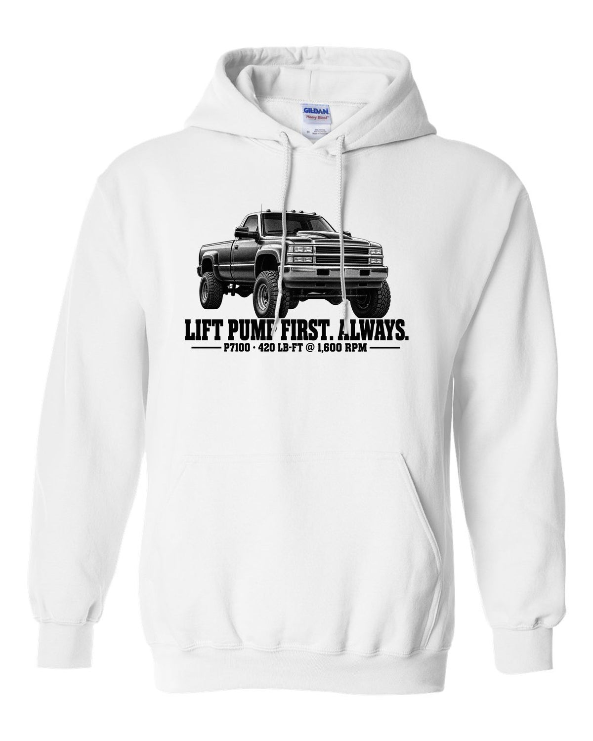 Halftone print of a 1994-98 Ram 2500 12V with lift pump advice and P7100 torque figures white pull over hoodie front view with the design