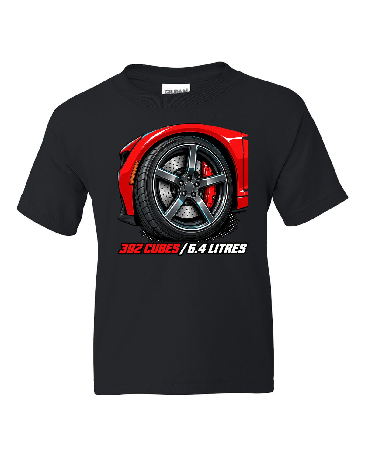 Bold monoline print with halftone shadow of a 2018 Dodge Challenger SRT 392 black kids tee front view with the design