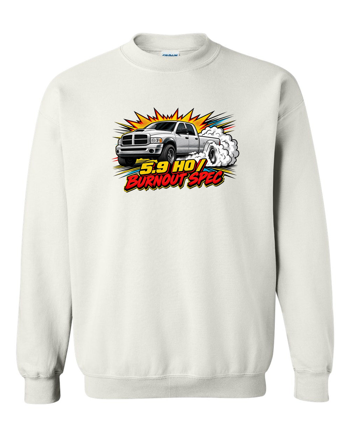 Comic halftone pop-art of a 2003-2009 Dodge Ram 3rd gen 5.9 HO with the words Burnout Spec white crewneck front view with the design