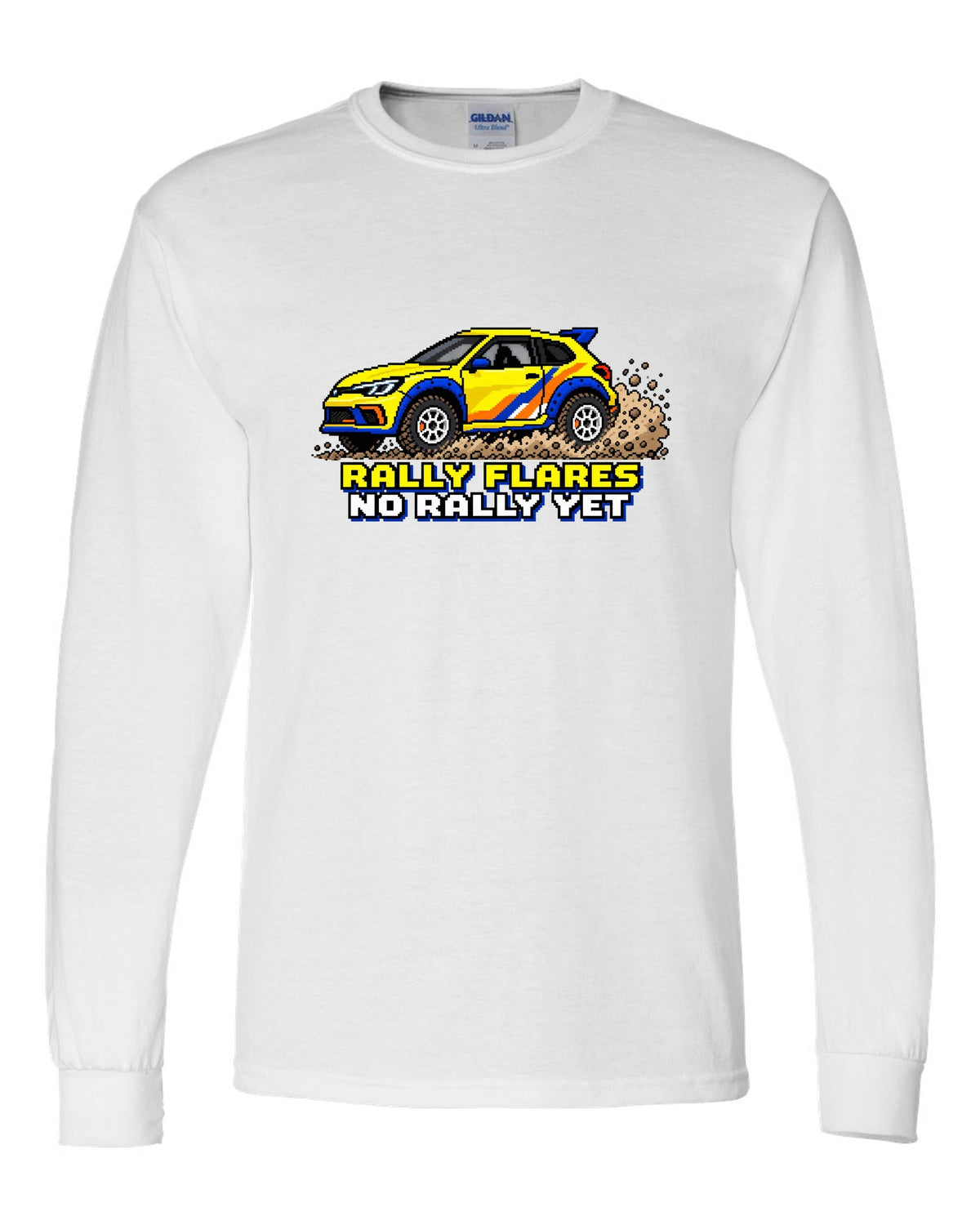 Rivian R3X 16-bit pixel art gravel slide print with the text rally flares no rally yet white long sleeve front view with the design
