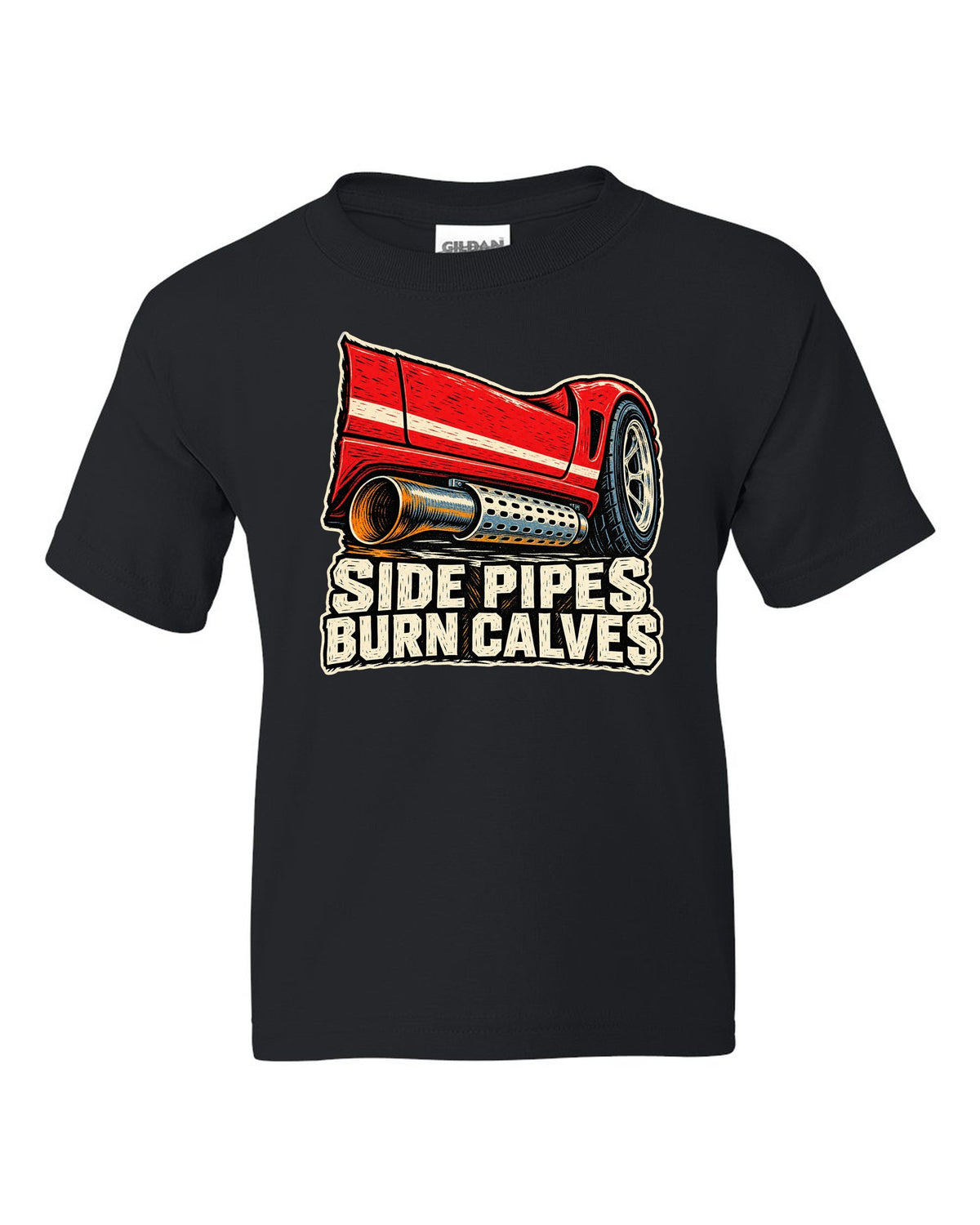 Dodge Viper RT/10 Side Pipe Linocut black kids tee front view with the design