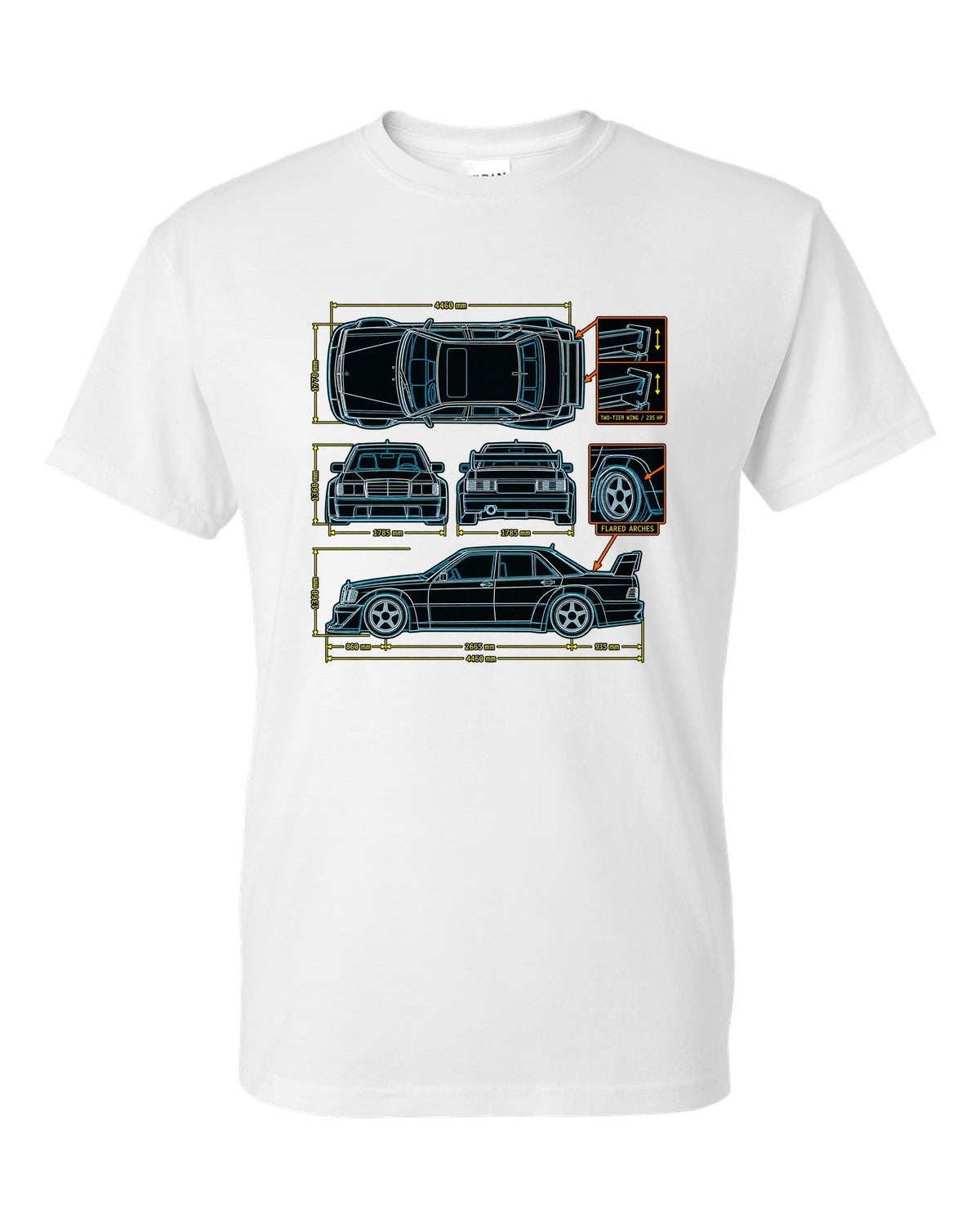 Technical blueprint top-down line art print of a Mercedes-Benz 190E Evo II W201 with two-tier wing white t-shirt front view with the design