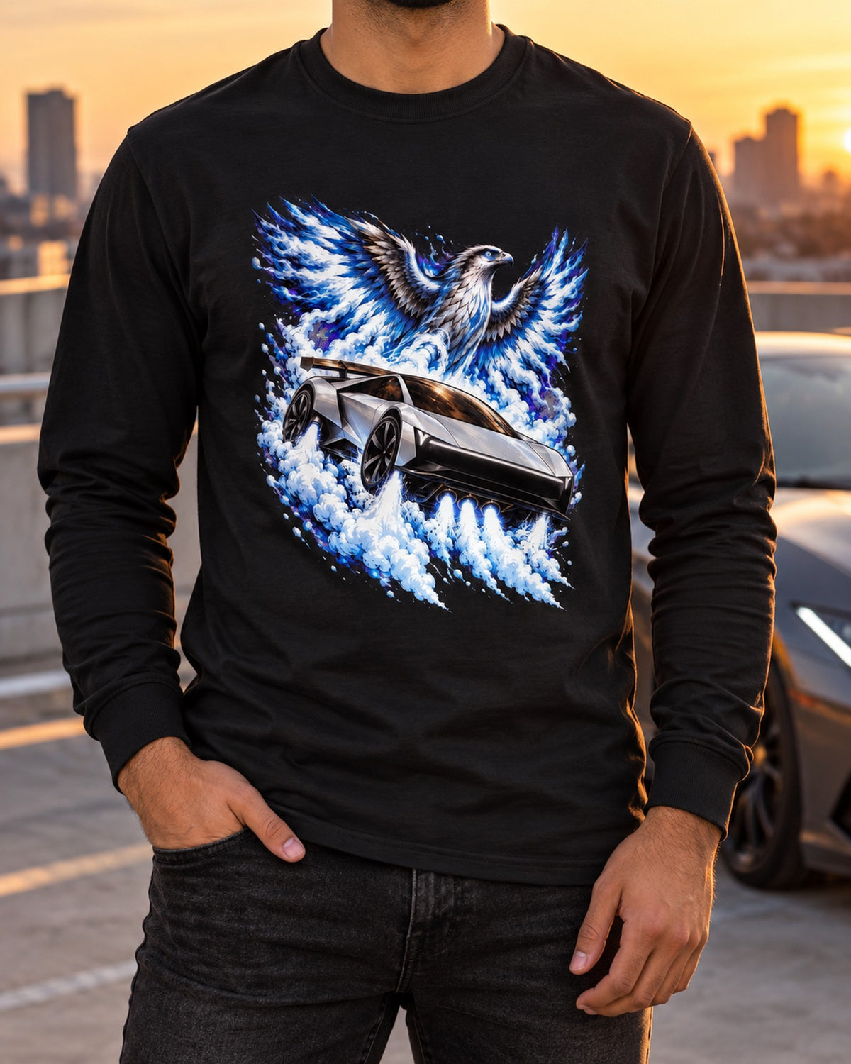 Tesla Roadster Ice Falcon Shirt, Hoodie & More Long Sleeve Black worn hero